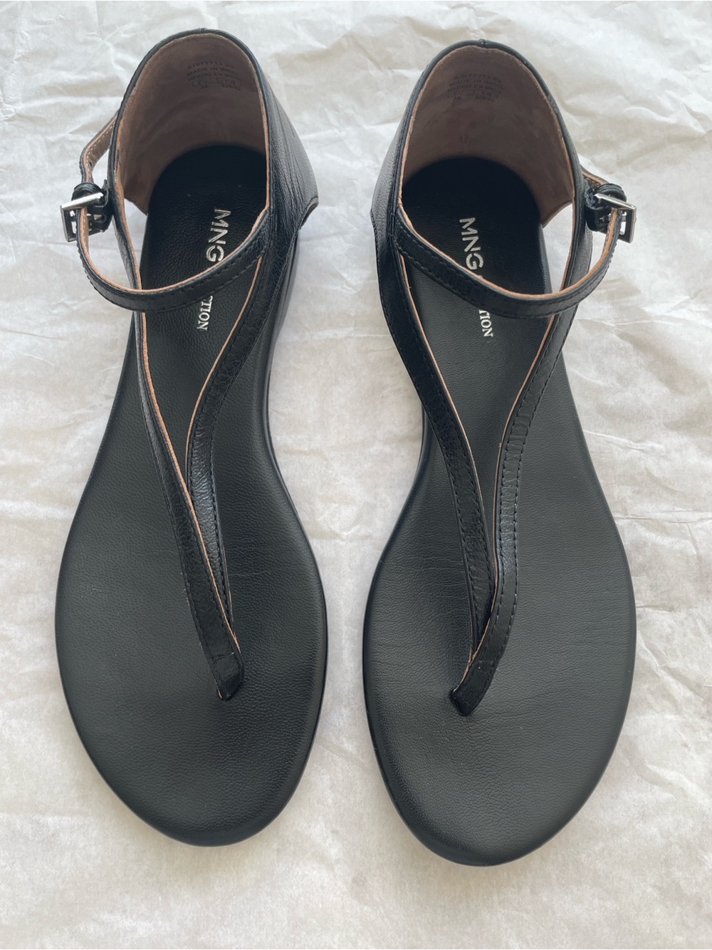 Mango Black Leather T-Strap Ankle Sandals